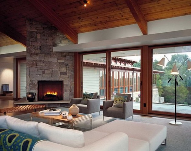 modern living room corner fireplace