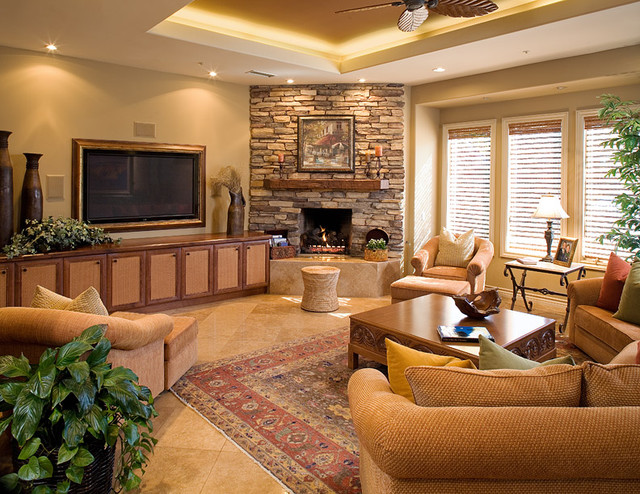 Interior Design Living Room With Corner Fireplace