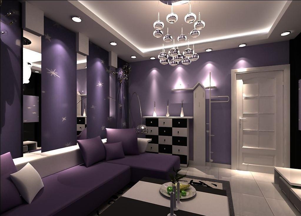 living room with purple accent wall