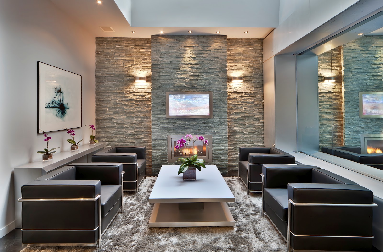living room corner with stone walls