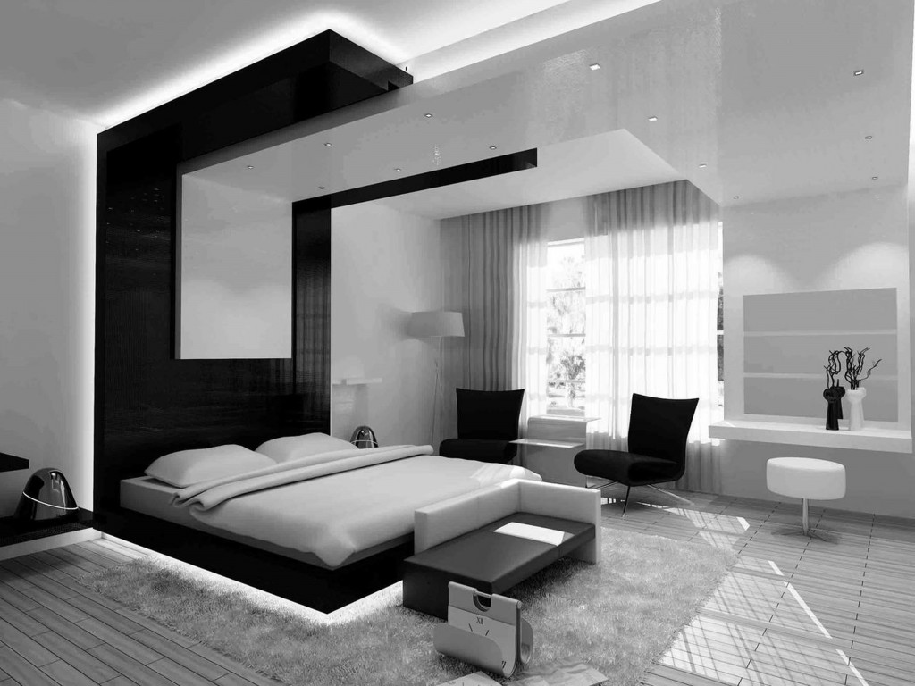 black and white bedroom with wood furniture