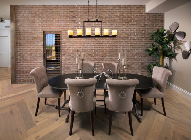 brick accent wall dining room