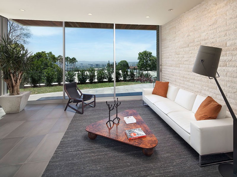 living room with glass walls
