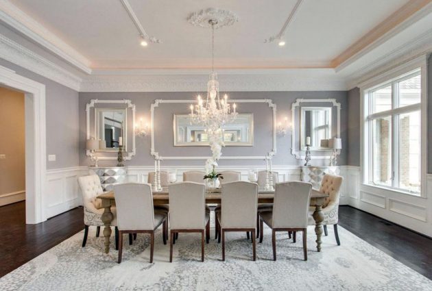 gray dining room white chandelier