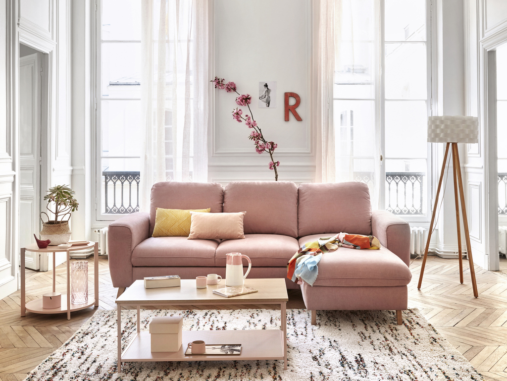 pink velvet sofa living room