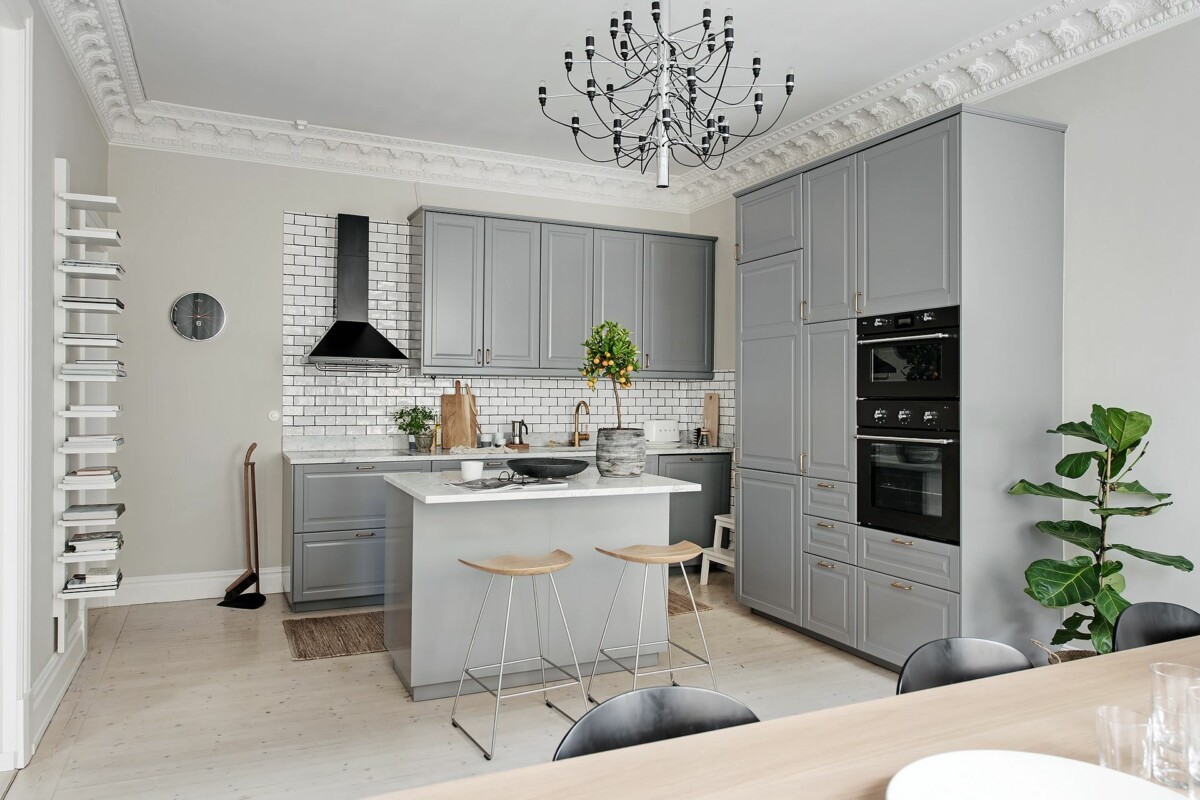 Gray Kitchen With Very Light Island